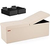 HAUSFRAU Storage Ottoman Bench with Flipping Lid, 43.3 Inches Storage Chest Footsrest, Folding Foot Stool for Entryway, Living Room, Bedroom, Linen Beige