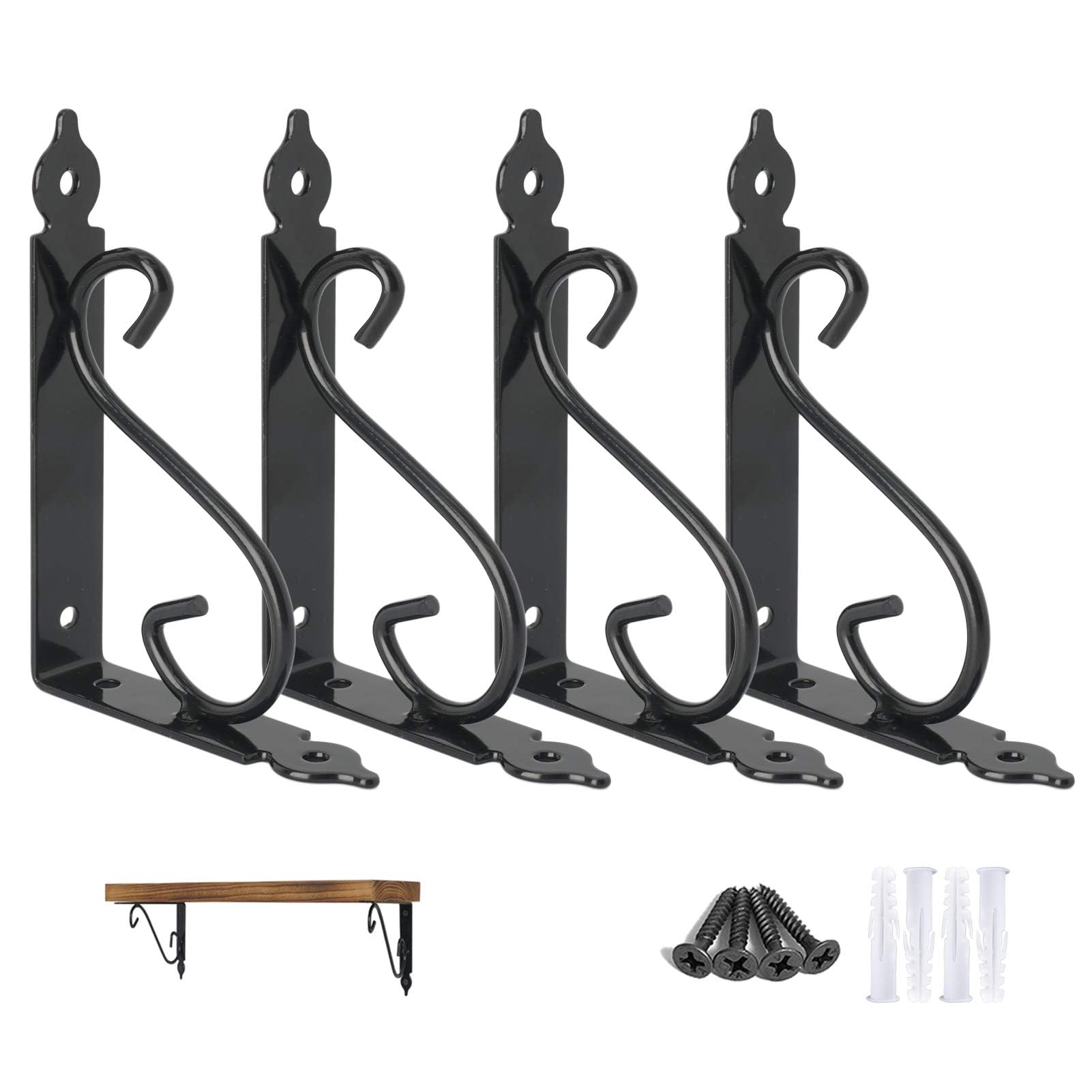 Ouvin Decorative Wall Shelf Brackets 4 Pack 8inch Heavy Duty L Corner Brace Shelf Support Floating Metal Brackets with Screws (200 mm/8 inch) Black — image 1