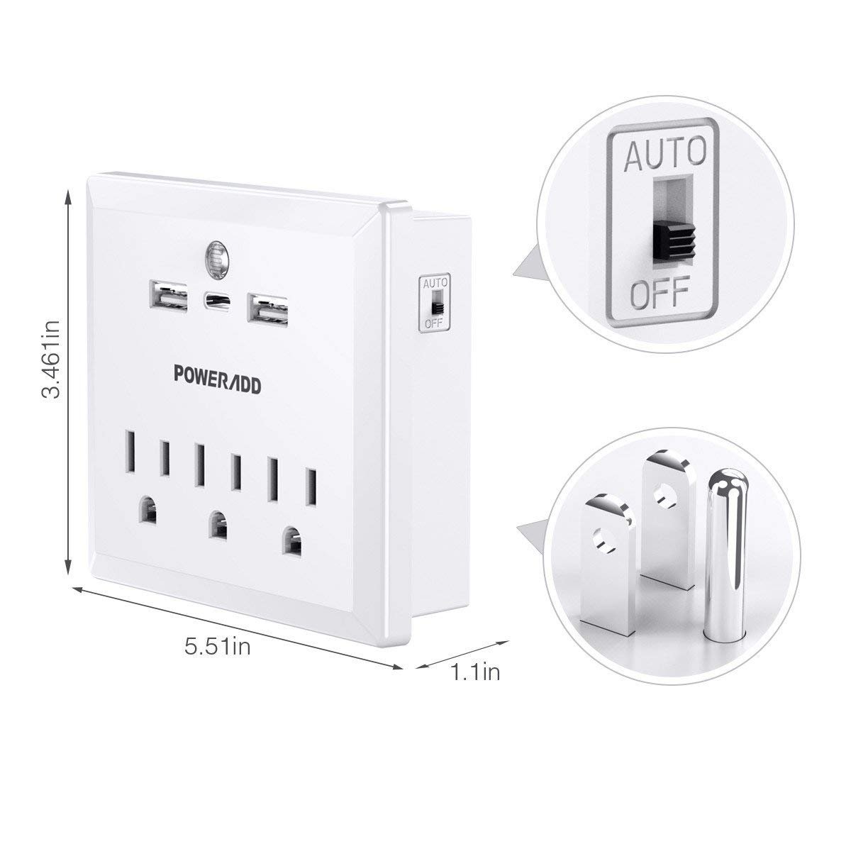 Poweradd Wall Adapter Surge Protector with 3 AC Outlet, 2 USB Charging Ports, a Type-C port, and a Warm White LED Dusk-To-Dawn Night light, White