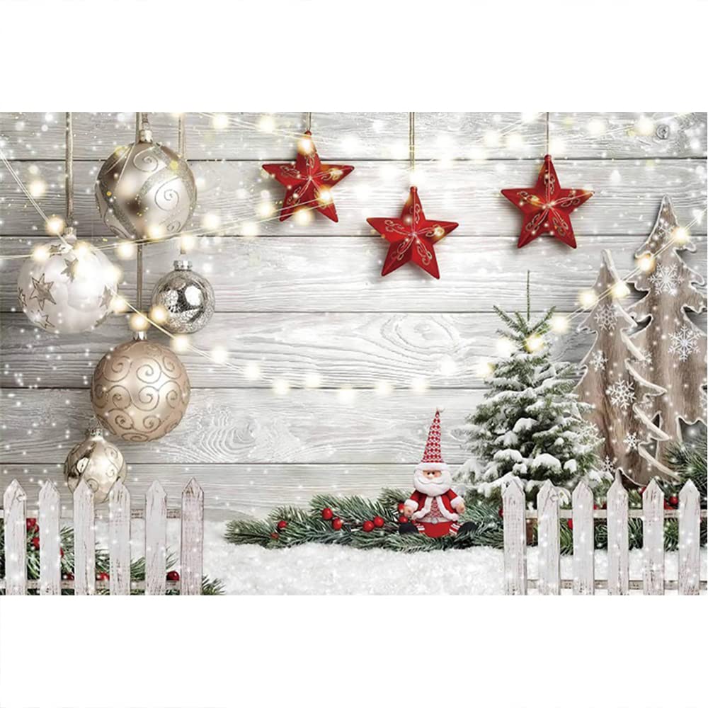 Aoihrraan 3x2m Christmas Wood Wall Photography Backdrop Xmas Tree Santa Claus Red Star Balls Fence Winter Snow View Background New Year Festival Family Party Decor Portrait Photo Studio Props