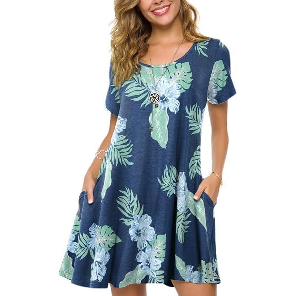 Women's Plus Size Summer Tank Dress - Sleeveless Swing T-Shirt Dress With Pockets (Steel Blue, Large)
