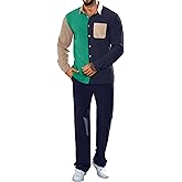 LecGee Mens 2 Piece Color Block Outfits Casual Long Sleeve Color Block Shirts and Pants Matching Set Sweatsuit