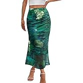 MEROKEETY Women's Summer Floral Mesh Midi Skirt 2026 Casual Trendy High Waist Ruched Boho Skirts