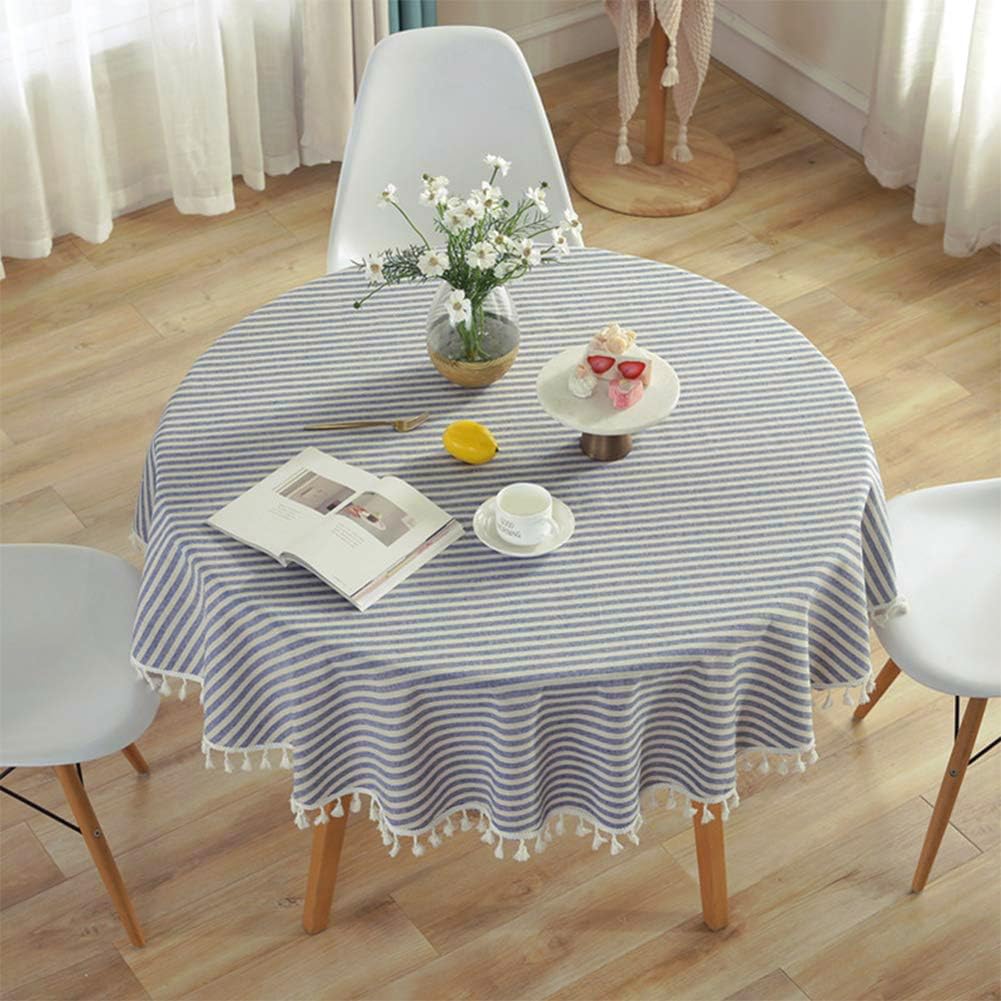 meioro Round Tablecloths Striped Fringe Tablecloth Cotton Linen Table Cover Suitable for Home Kitchen Decoration,Various Sizes (Blue/White Stripes,Diameter 100cm)