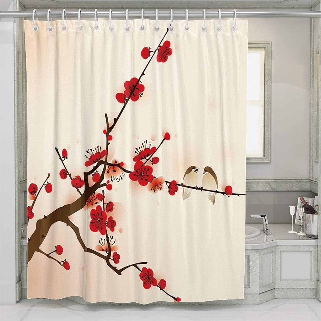 YUEMT Shower Curtain Plum Blossoms and Birds Symbolize Love and Happiness 60x72 Inch 12 Hooks Home Hotel Bathroom Decoration