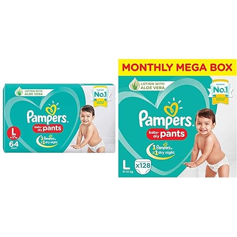 Pampers New Diapers Pants, Large (64 Count) & Pampers New Diapers Pants Monthly Box Pack, Large (Pack of 128)