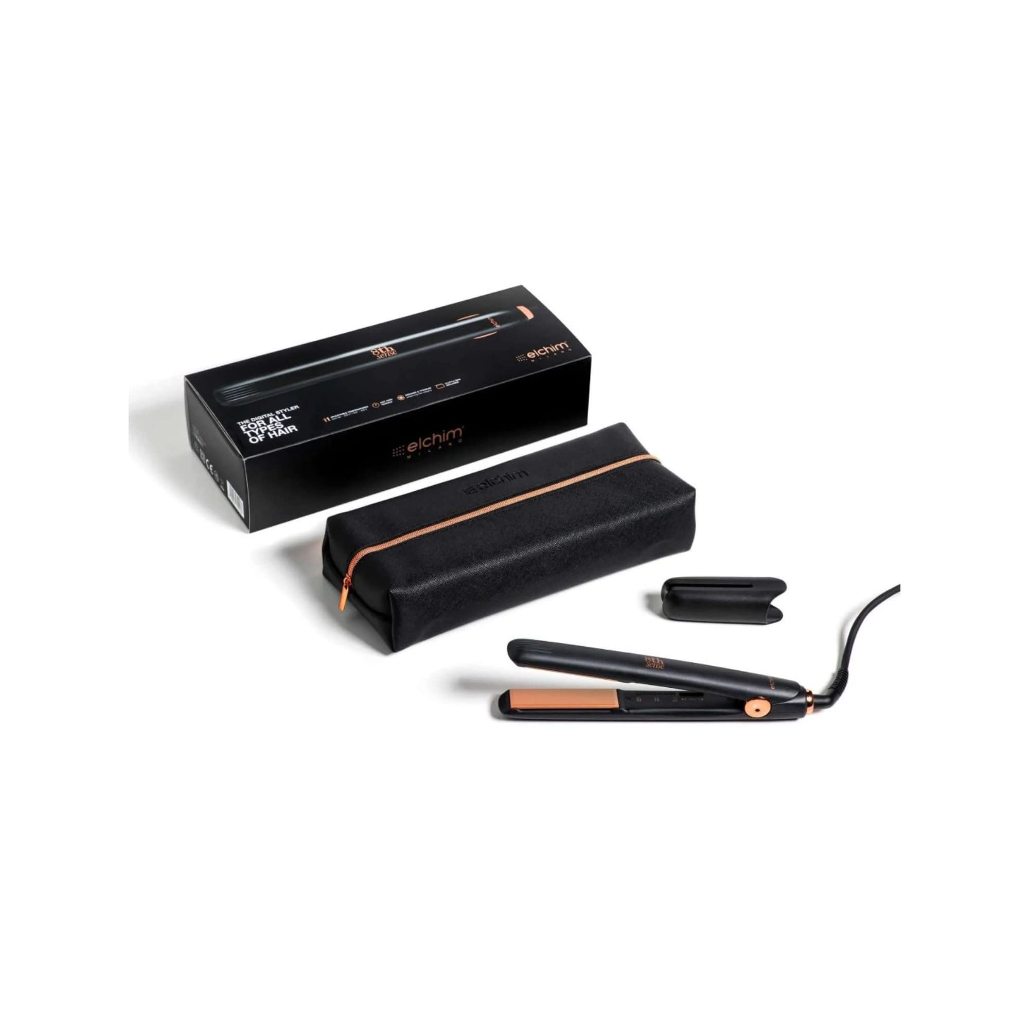 Elchim 8th Sense Styler: Hair Straightener with Titanium & Ceramic Plates, Dual-Universal Voltage, Flat Iron with 11 Heat Settings, Travel Bag Included, Black