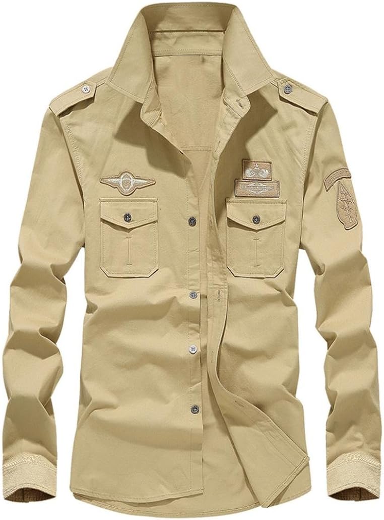 iLXHD Mens Autumn Casual Military Slim Button Long Sleeve Dress Shirt Top Blouse