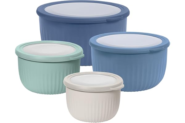 Oggi Set of 4 Prep, Store & Serve Plastic Bowls - w/See-Thru Lids- Dishwasher, Microwave & Freezer Safe, (0.7, 1.4, 2.6, 4 Qu