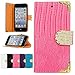iPod Touch Wallet Cover, iSee Case (TM) Bling Sparkle Rhinestone Magnet Buckle with Lizard Print PU Leather Wallet Flip Cover Case for iPod Touch 6th/5th Generation (it6-Angel Wing Bling Wallet Pink)