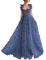 YUAOHUANG Stormy Blue 3D Butterfly Tulle Prom Dress