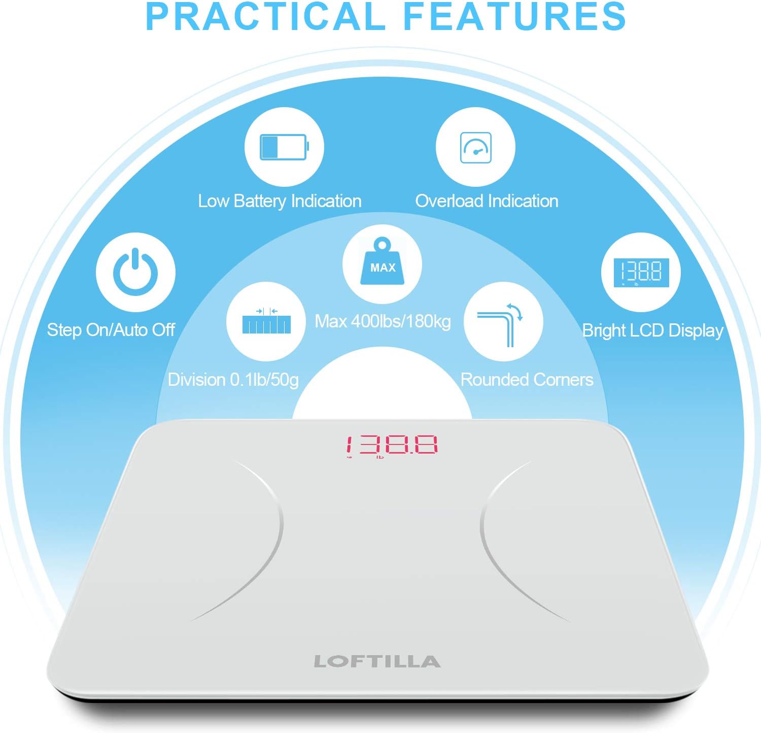 LOFTILLA Weight Scale, Digital Bathroom Scales for Body Weight, Bluetooth Smart BMI Scale with App, 400 lbs Max, High Precision Measurements, White: Health & Personal Care