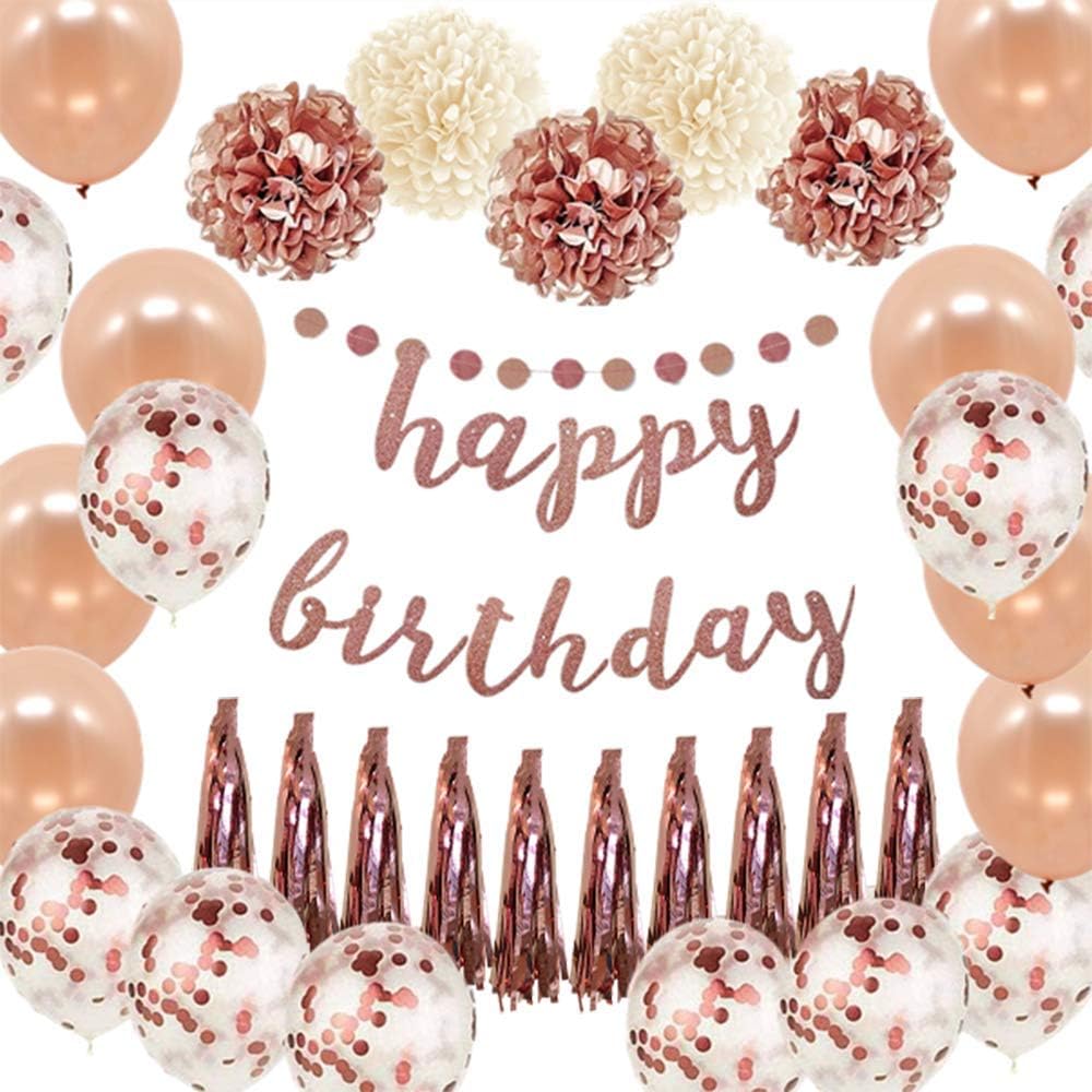 XDS Happy Birthday Decorations Rose Pink for women men girls boys, Happy Birthday Banner,Birthday Balloons,Paper Tassel, Paper Flower,Dot Garland for first 10th 16th 17th 19th Birthday Party Supplies: Toys & Games