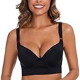 Sutliant Push Up Bra for Women, Full Back Coverage Bras Deep Cup Hide Back Fat Smoothing Seamless Underwire T-Shirt Bras