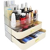 Makeup Organizer with 2 Drawers, Cosmetics Organizer for Bedroom and Bathroom Vanity Countertops, Large Capacity Cosmetic Storage Box for Skincare Cream Perfume Lipstick Dresser Counter-White