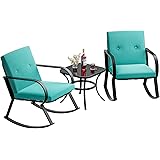 Greesum 3 Pieces Patio Furniture Sets, Outdoor Conversation Rocking Chairs with Soft Cushions and Glass Coffee Table for Balc