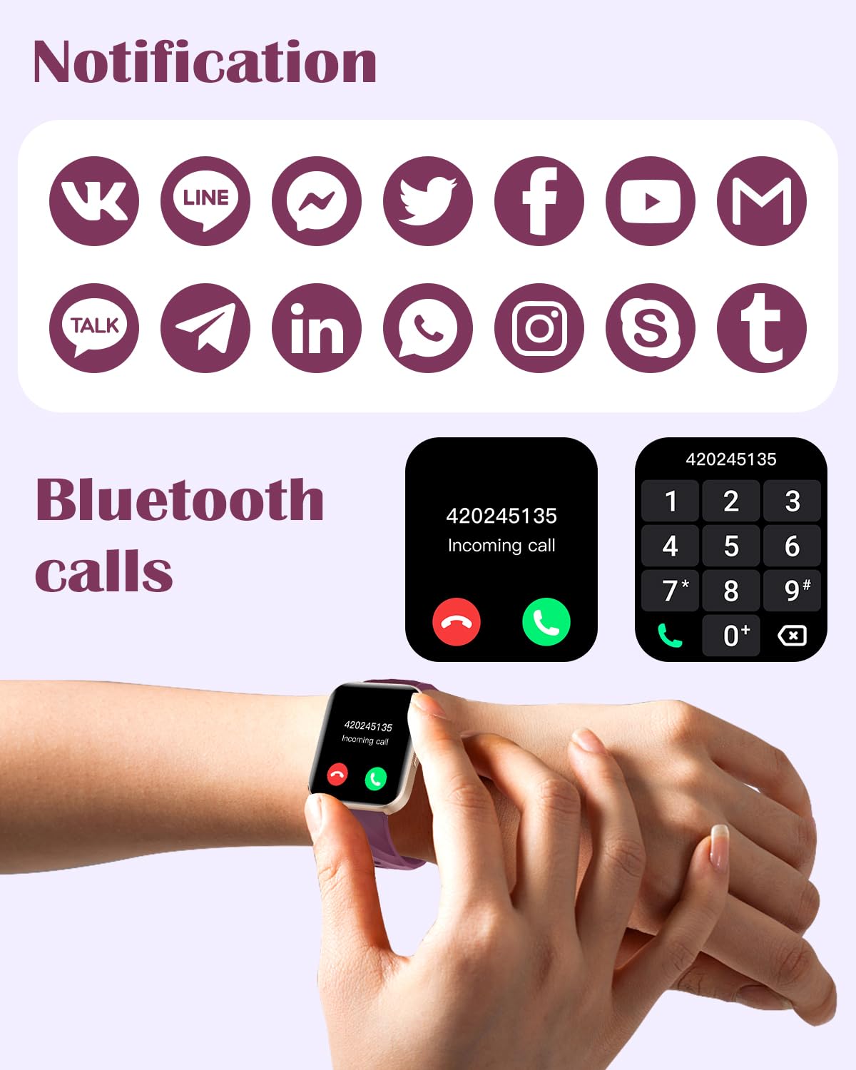 RUIMEN Smart Watches for Women Men (Answer/Make Calls) Compatible with iPhone/Android Phones, 1.85" HD Screen Fitness Tracker Heart Rate Monitor 100+ Sports Tracker Watch Waterproof (Purple) - Image 2