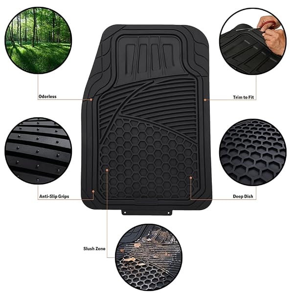 AMAZON BASICS HEAVY DUTY THICK PVC CAR FLOOR MATS, ANTI-SLIP, EASY TO CLEAN, UNIVERSAL TRIM-TO-FIT ALL-WEATHER FOR AUTOMOTIVE SUV SEDANS TRUCKS, 4-PIECE, SOLID BLACK