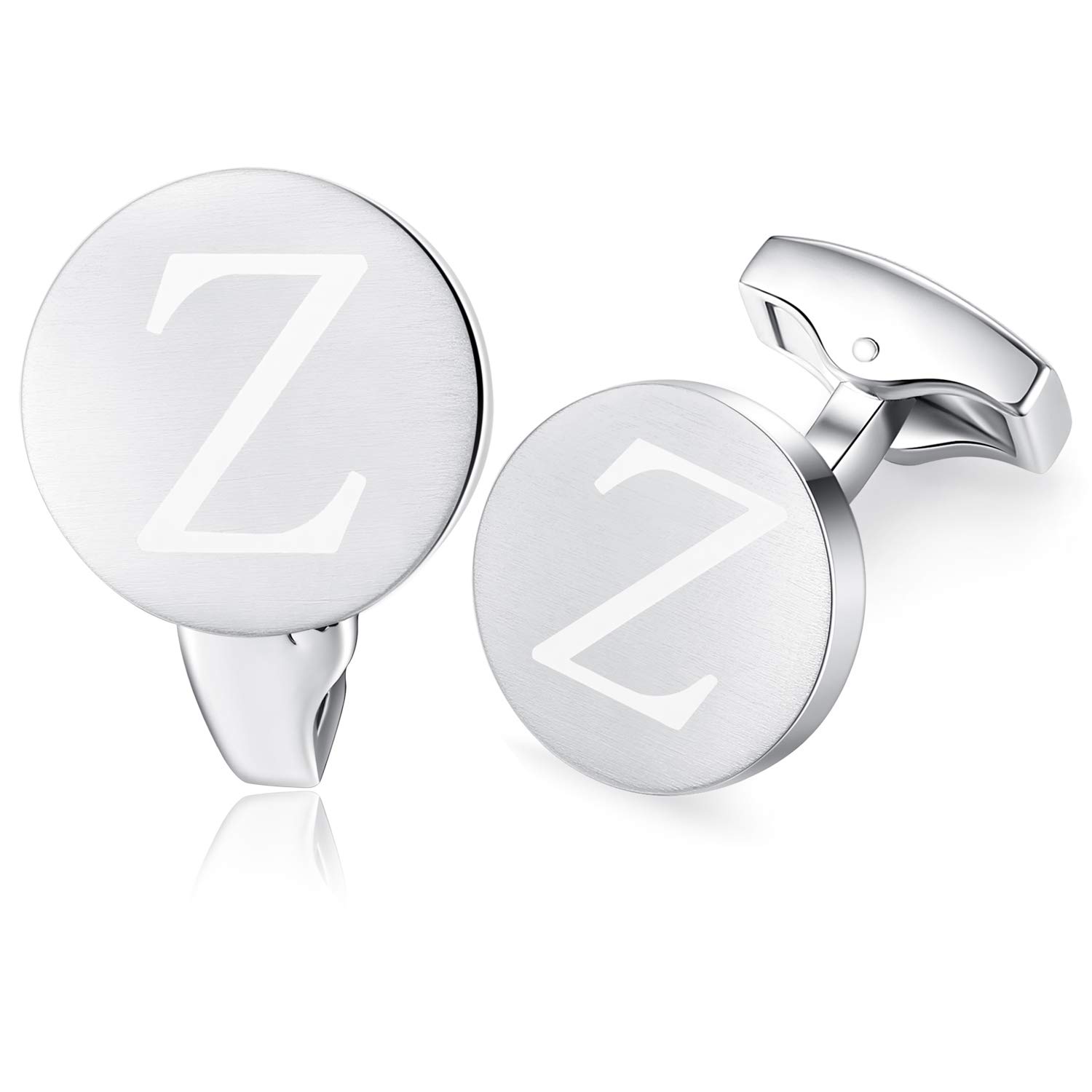 HONEY BEAR Initial Alphabet Letter Cufflinks for Men, Brushed Silver Round Shape Stainless Steel Wedding Business Cufflinks, A - Z (Z)