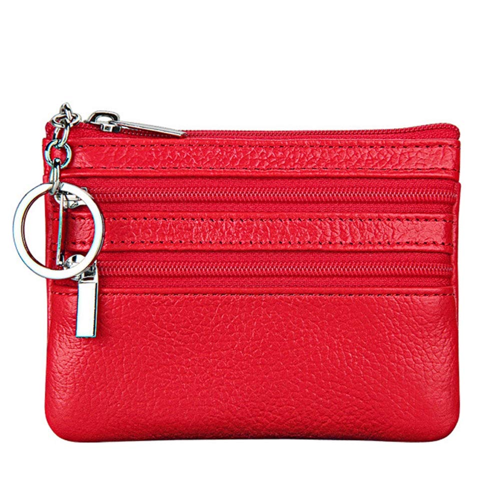 Women's Genuine Leather Coin Purse Mini Pouch Change Wallet with Keychain,red
