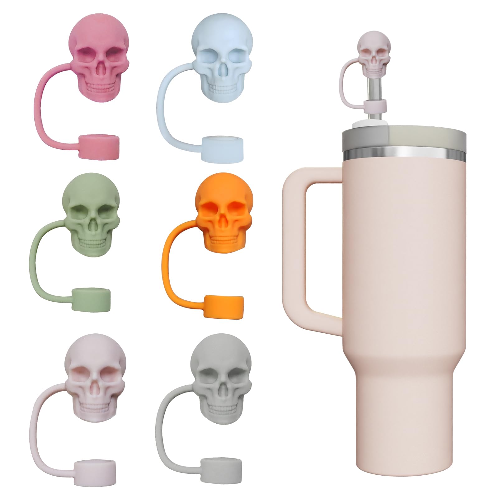 Photo 1 of 6 PCS Cute 3D Skull Designed Straw Covers for Stanley Cup 30 40 oz, 10 mm 0.4 inch Silicone Reusable Drinking Straw Toppers