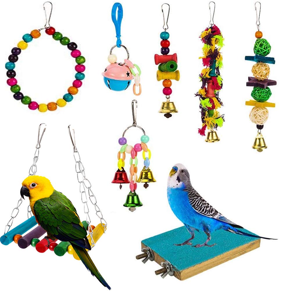 Yorgewd 8-Pack Bird Toys - Hanging Swing, Shredding Chewing Perches, Cage Toys for Parrots, Budgie, Cockatiels, Conures, Finches, Small Parakeets