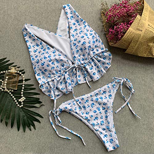 Lotus.Flower Women Ruffles Ribbons Floral Print Tankini Set Bikini Swimwear Bathing Beachwear (L, White)