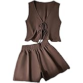 SOLY HUX Women's Summer 2 Piece Outfits Sleeveless V Neck Tie Front Tank Top and Shorts Matching Sets Vacation Outfits