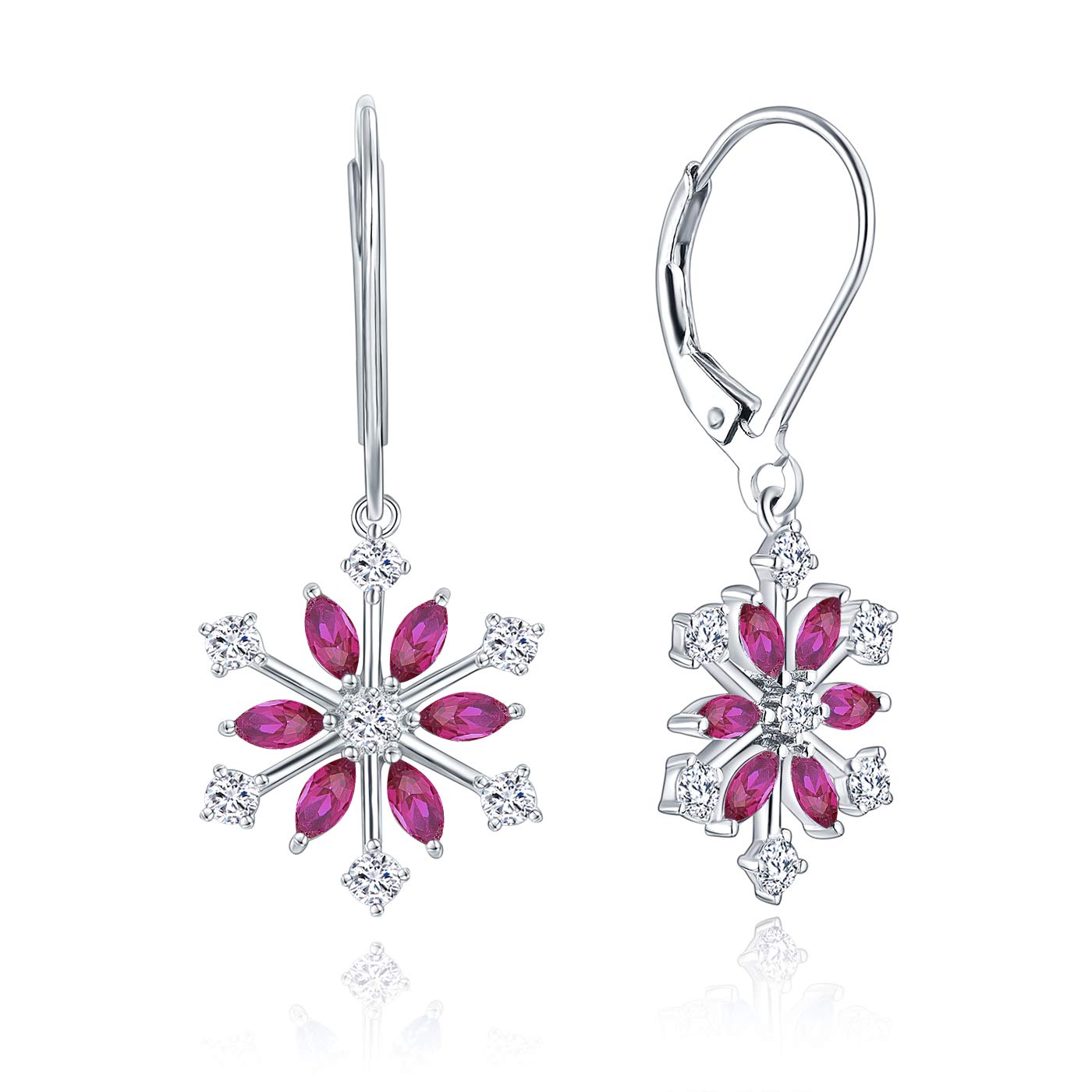 JO WISDOM Snowflake Earrings,925 Sterling Silver 3A Cubic Zirconia July Birthstone Ruby Color Dangle & Drop Earrings,Jewellery for Women