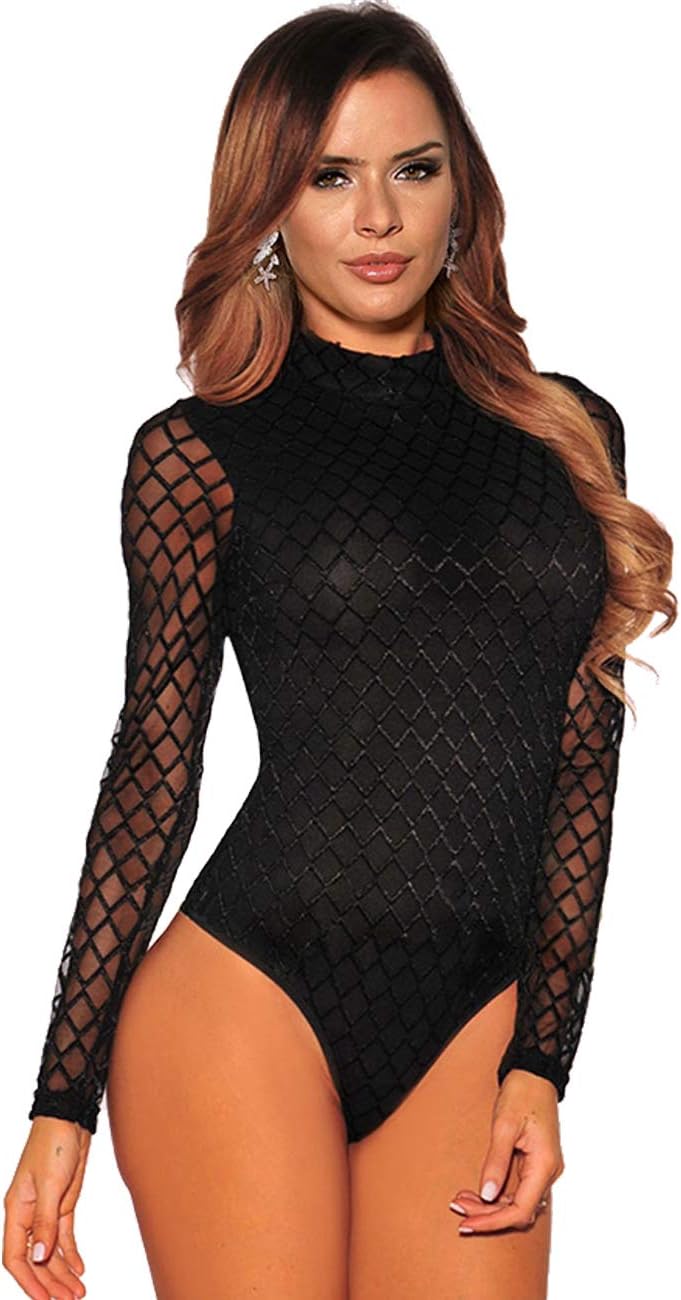ohyeahladyWomen's Rhinestone Bodysuit Sheer Mesh Long Sleeves Leotard Black High Neck Body Tops Clubwear