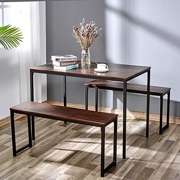 Amazon Com Amerlife Dining Table Set With 2 Benches Modern Wood