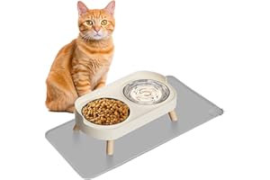 HIAIEVIY Elevated Cat Bowl with Food Mat, Raised Cat Food and Water Bowl Set for Indoor Cats, Splash Proof with 2 Stainless Steel Pet Food Bowls for Cats and Puppies,Whisker Fatigue and Dishwasher Safe (White)