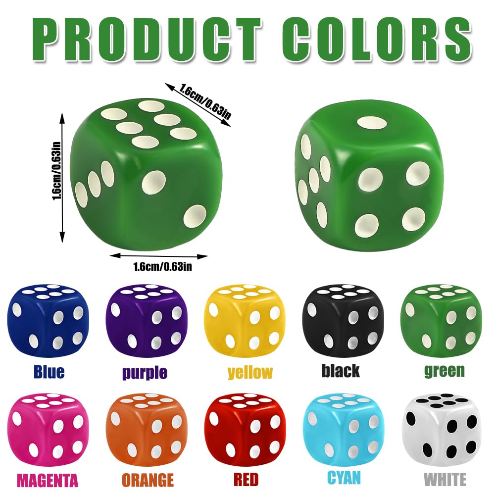 100pcs 16mm Game Bulk Dice 10 Colors Acrylic 6 Sided Dice Set for Classroom Teaching Math Learning Standard Dice for Party Family Board Games