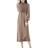 Ailaile 100% Merino Wool Sweater Dress Women's Mock Neck Lantern Sleeve Pullover Autumn Winter Knitted Long Dress
