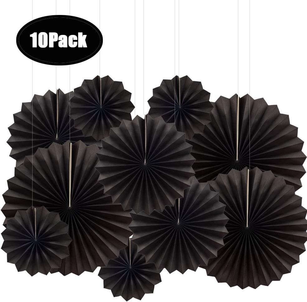 Aimto 10pcs Black Hanging Paper Fans for Party Decorations - 8 Inch, 10 Inch and 12 Inch