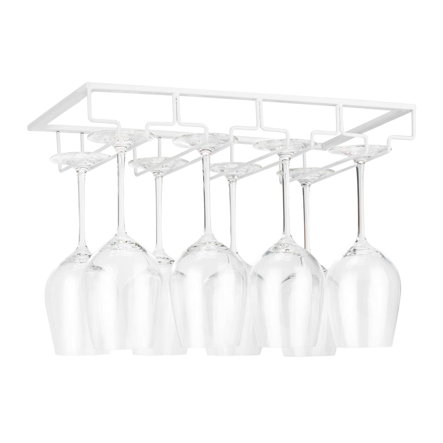 FOMANSH Wine Glass Rack Under Cabinet - Stemware Holder Metal Wine Glass Organizer Glasses Storage Hanger for Bar Kitchen Brown 4 Rows White
