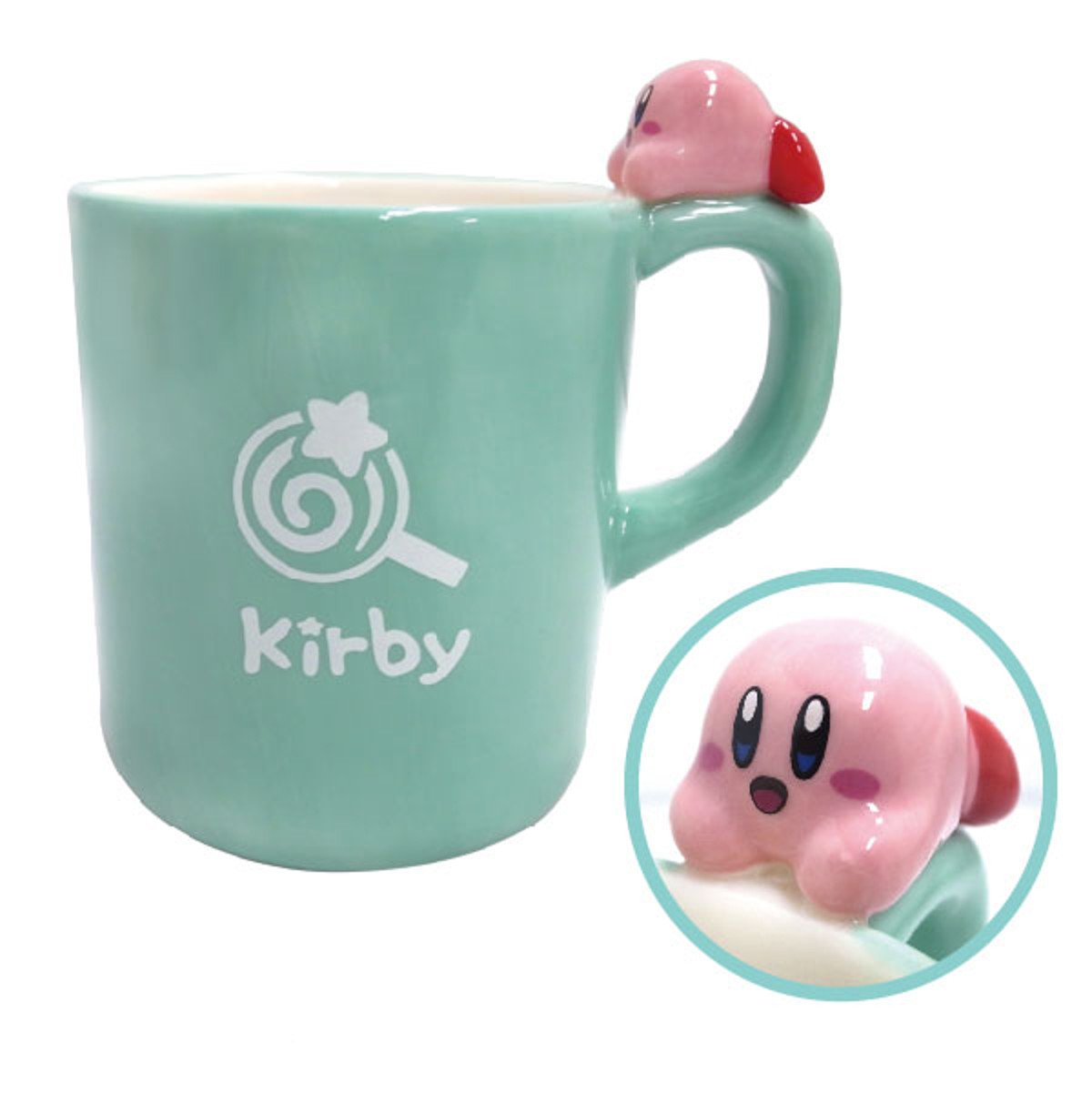 SK Japan Kirby Mug: Cute Laid back Kirby On Handle: Green, Lollipop Mark, H 4.33 x W 4.13 x L 2.95"