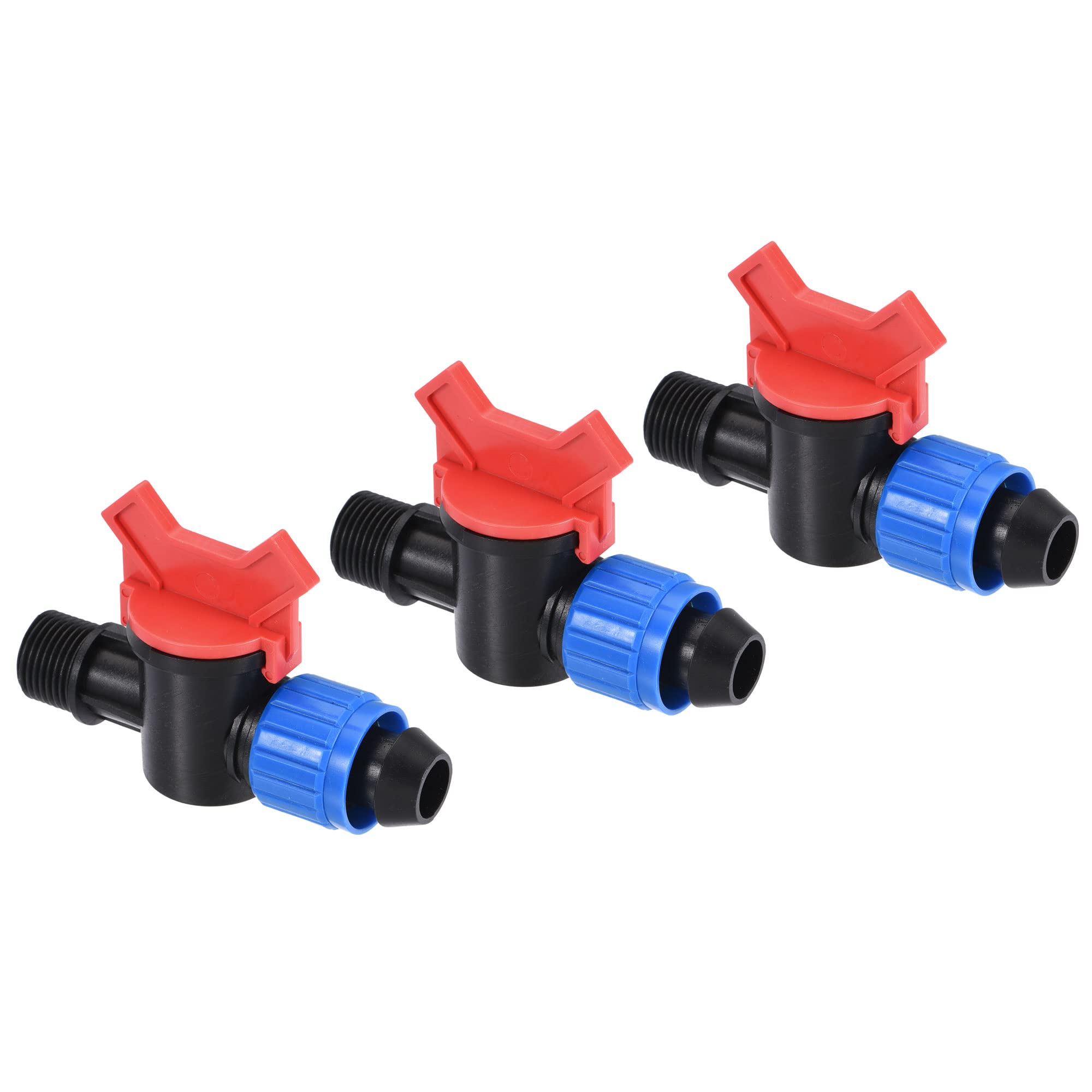 M METERXITY 3 Pack Barbed Ball Valve - Barb Connector with Lock Shut Off Switch Apply to Drip Irrigation and Aquariums (G1/2 Thread x 20mm, Black Blue Red)
