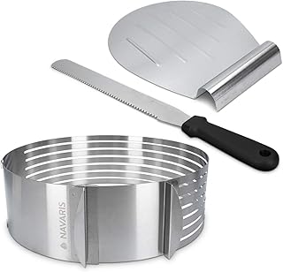 Navaris Torten Set 3tlg. aus Edelstahl - Tortenheber Tortenschneider Schneidhilfe für Tortenboden - Kuchen Boden Heber Messer Tortenring 23-29cm