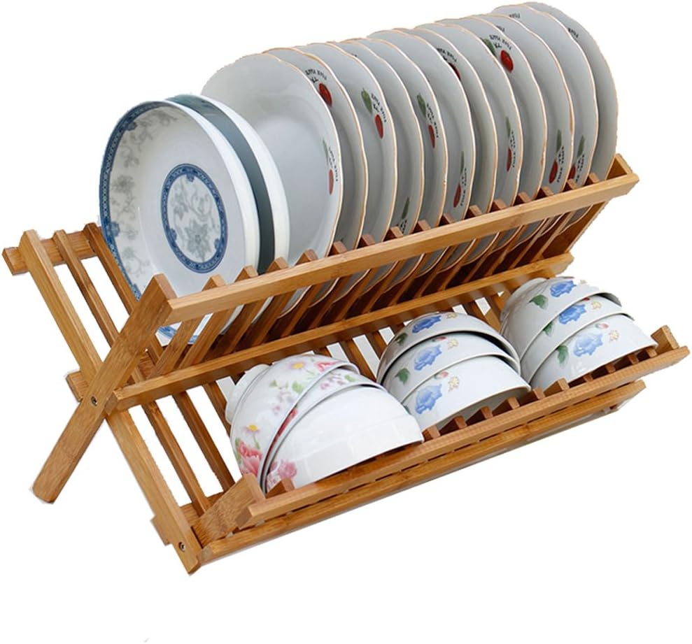 Bamboo Dish Drainer Two-Tier Foldable Dish Drying Rack Stand Holder Kitchen Sink Plates Cups Organiser