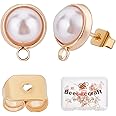 Beebeecraft 20Pcs/Box 18K Gold Plated Earring Findings with Plastic Pearl Half Round Earring with Loop & Sterling Silver Pins & Butterfly Earring Backs for DIY Earring Making