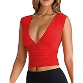 YFANG Women's Sexy Deep V-Neck Ruched Sleeveless Crop Tank Top Stretchy Double Layer Slim Fitted Going Out Crop Top