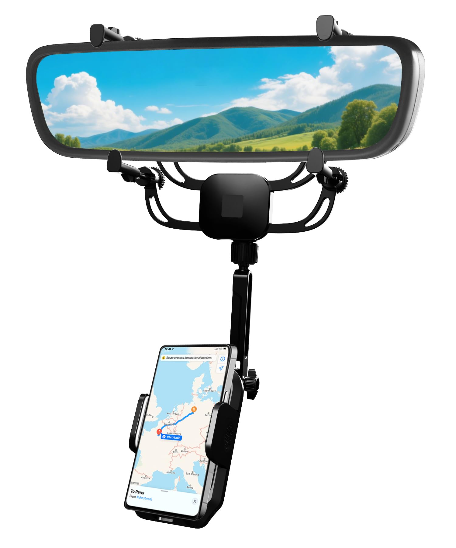Photo 1 of Karmus Rear View Mirror Phone Holder - Fits Thick Mirrors, Clip-On Rearview Mirror Phone Holder Mount for Car Truck, Anti Shake Adjustable Solid Metal Arm Universal Fit for iPhone & Android