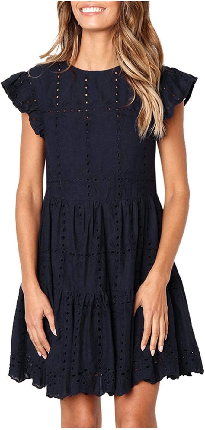 Amazon.com: CieKen Womenâs Cute Shift Dress Fully Lined Bell Sleeve Ruffle Hem V Neck Loose 