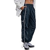Yousify Womens Baggy Parachute Pants Wide Leg Elastic Waisted Contrast Track Pants Y2K Hiking Jogger Sweatpants with Pockets