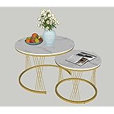 AT-VALY 27.5 Inch Round Nesting Coffee Table Set of 2, White Marble Look MDF Top & Gold Metal Legs, Modern End Tables