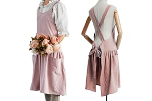 NEWGEM Cotton Linen Cross Back Apron for Women with Pockets for Baking Painting Pink with Waist Ties
