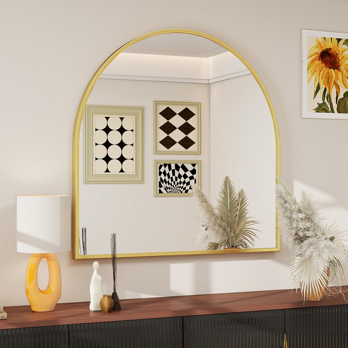BEAUTYPEAK 31"x32" Arch Bathroom Mirror, Wall Mounted Vanity Metal Frame Mirror for Bedroom, Entryway, Living Room, Gold Image