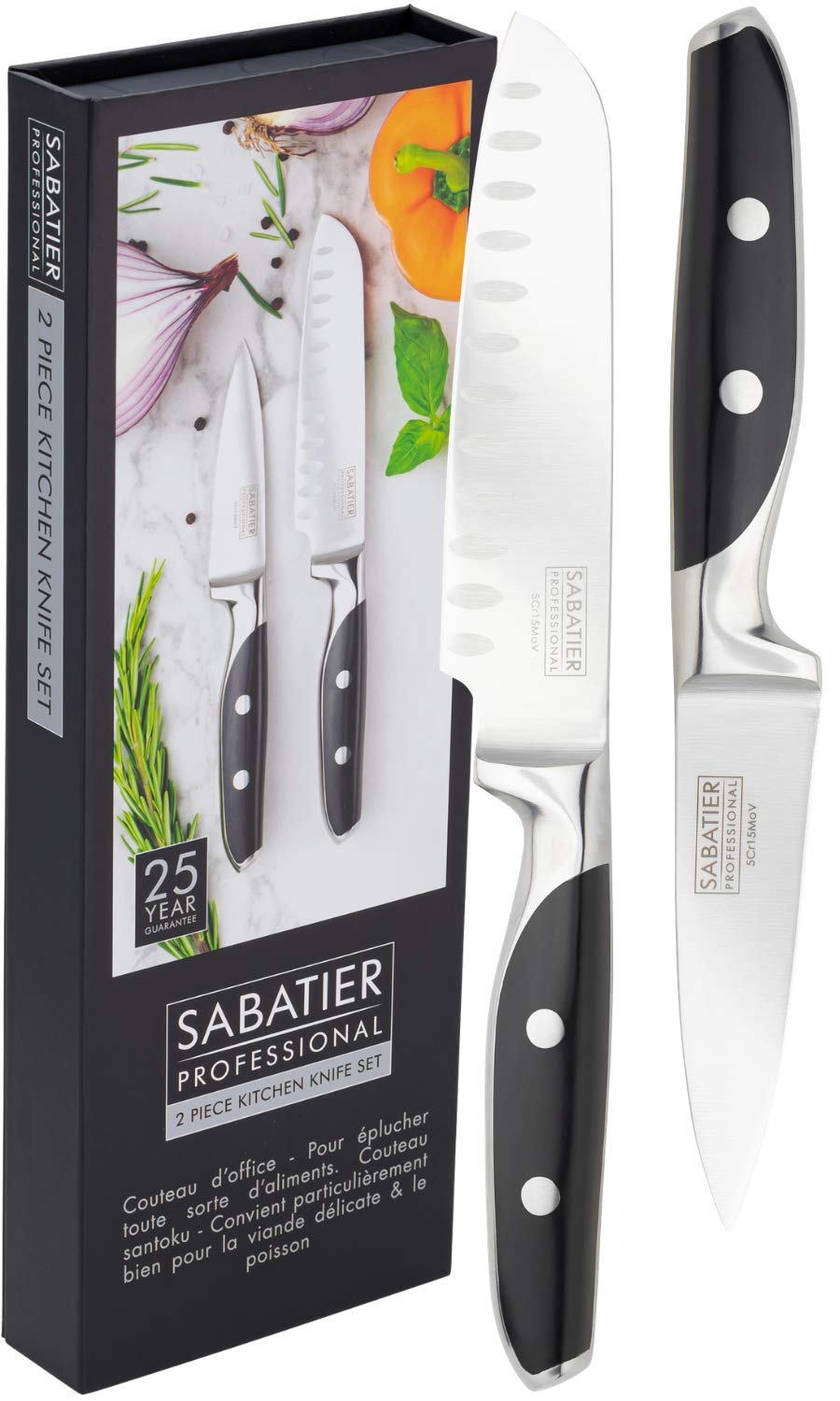 Taylors Eye Witness Professional Sabatier Kitchen Knife Set - 2 Piece 12cm/5” Santoku & 9cm/3.5” Paring Knives. Sharpe, Full Tang Blade. High Carbon, Taper Ground Stainless Steel. Twin Rivet Handles
