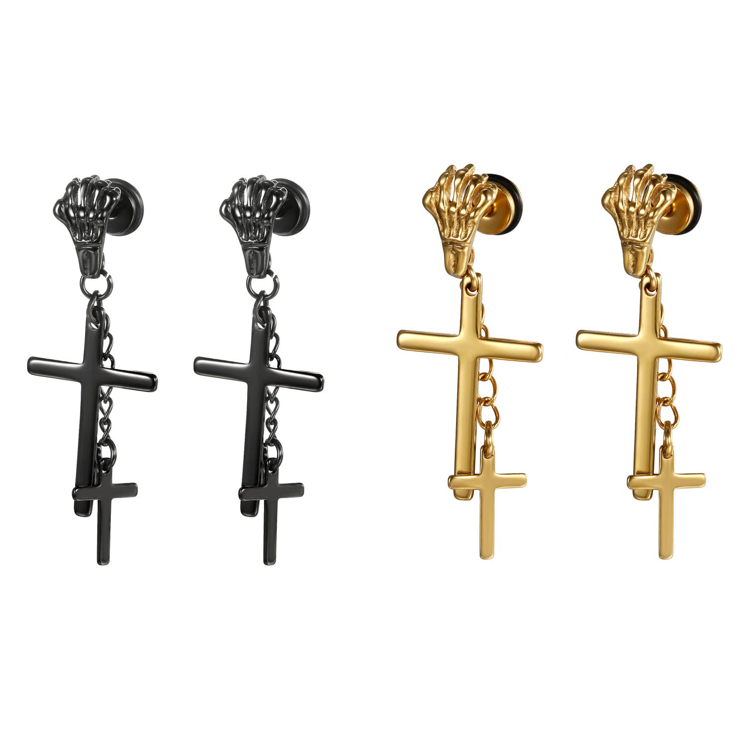 JewelryWe Unisex Women Male Skeleton Hands Prayer Earrings Black 316 Stainless Steel Cross Charm Drop Dangle Earrings